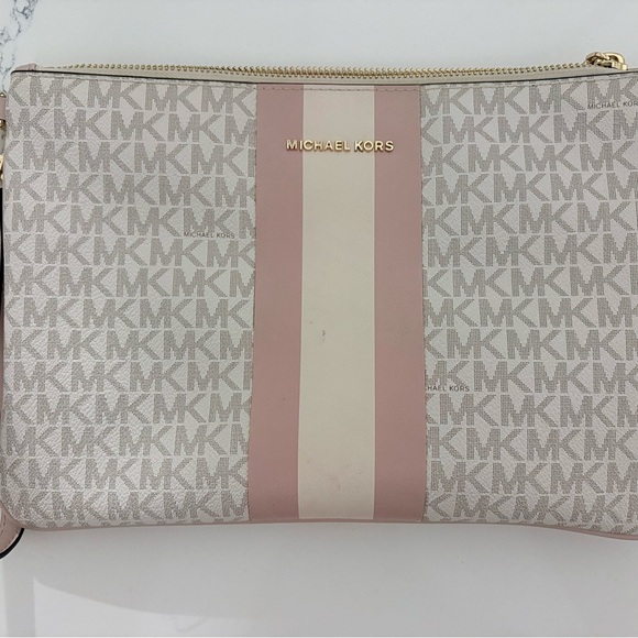 Michael Kors Handbags - Michael Kors Pink and Cream Stripe Logo Wristlet Pouch